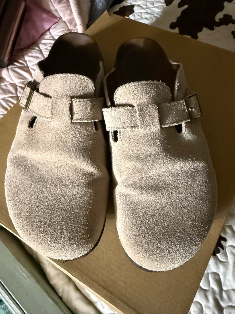 Women’s Suede Slip-On Clogs with Buckle — Beige